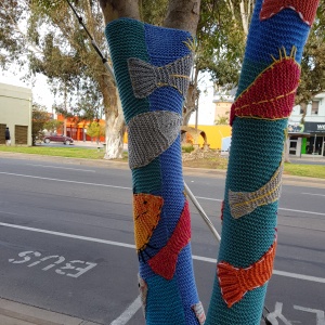 knitted tubes attached to twin tree forks